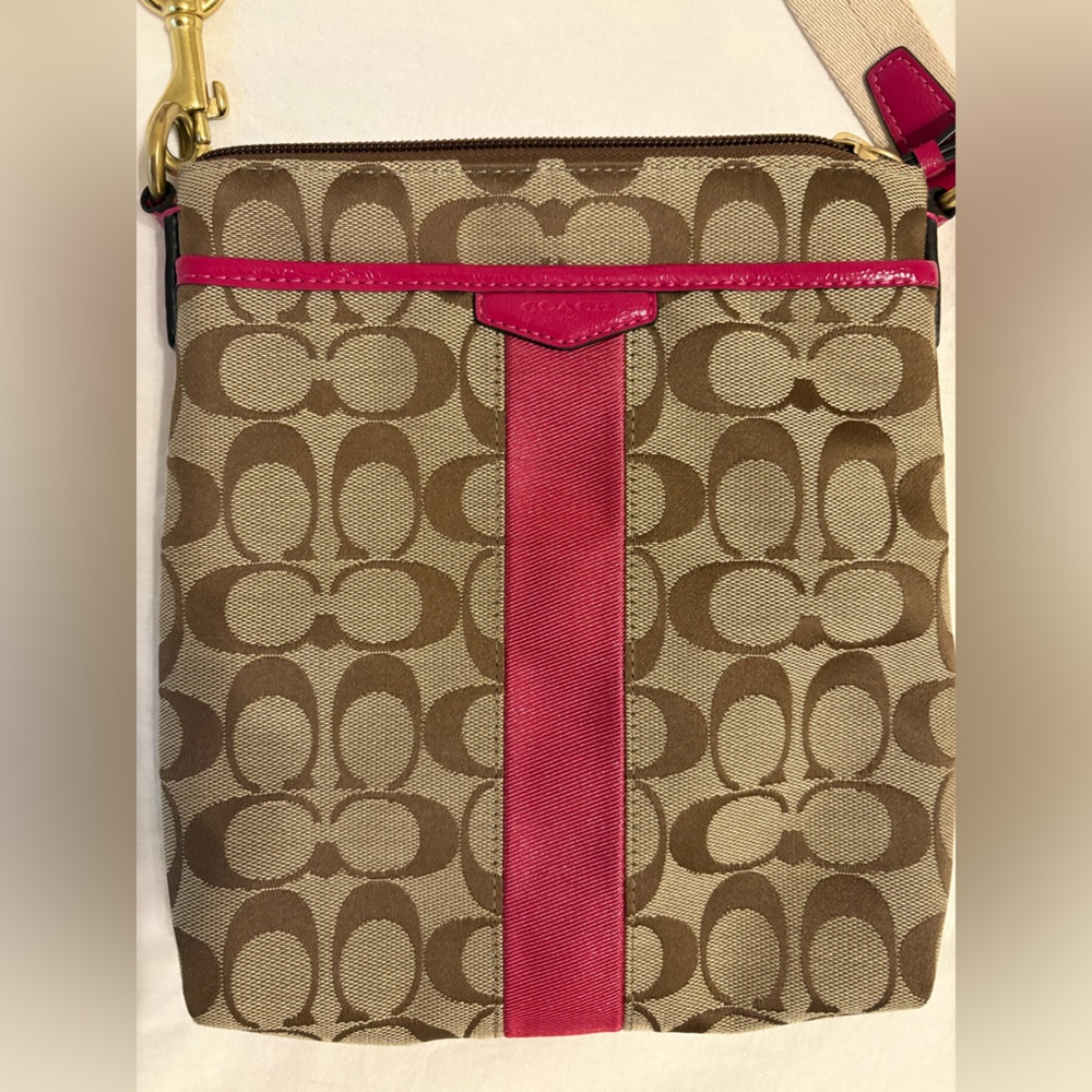 Coach Tan and Pink Monogram Crossbody Messenger Bag - Picture 4 of 7